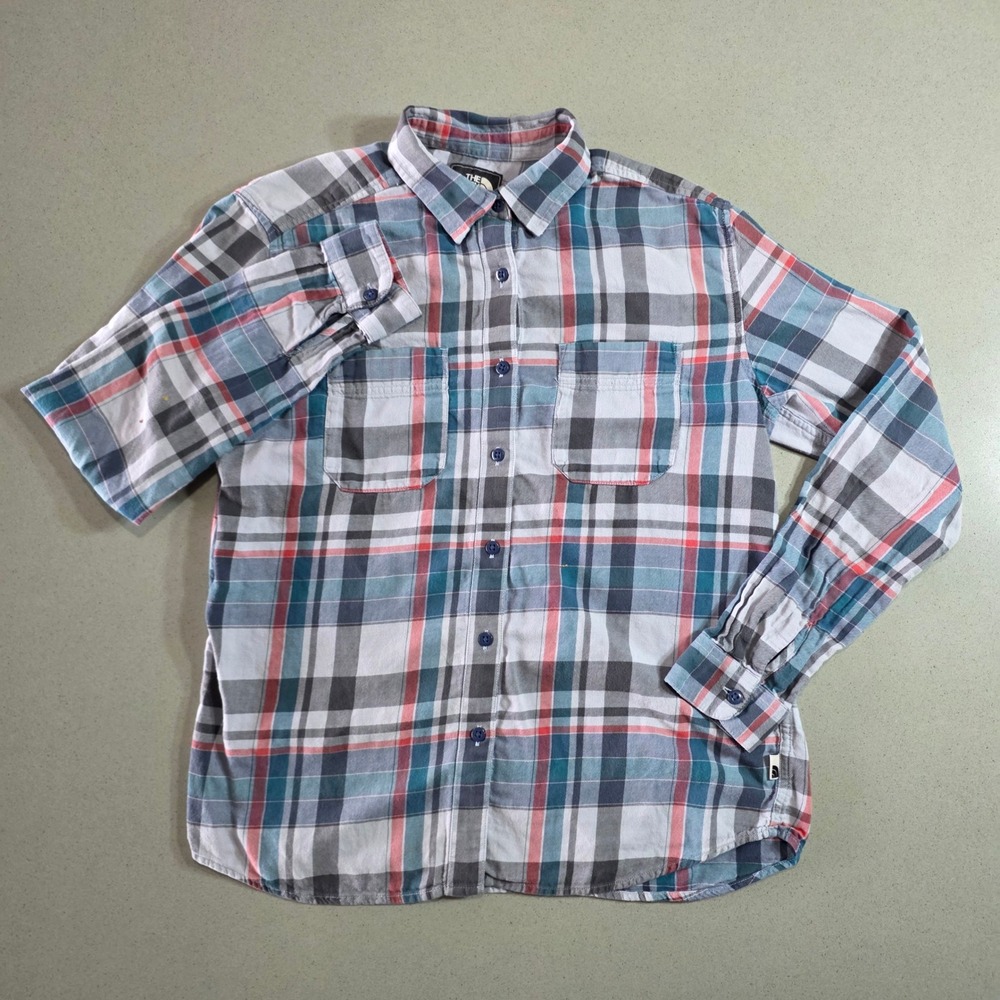 The North Face Mens Plaid Long Sleeve Button Down Shirt Blue Grey Orange Small